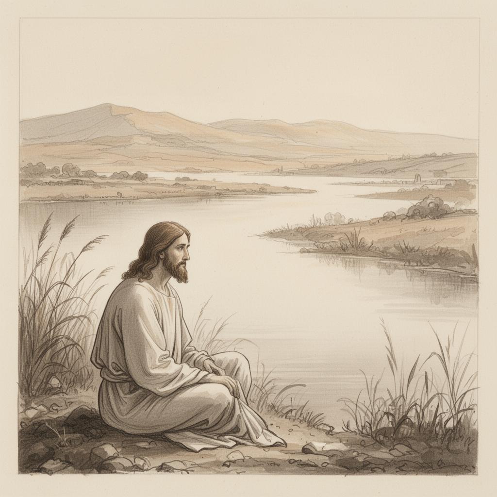 A quiet biblical drawing of Jesus seated by the north shore of the Sea of Galilee near the Jordan River delta.